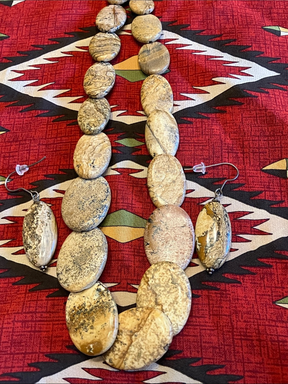 Oval Discs Brown and Beige Picture Jasper Stone Necklace with Matching Earrings